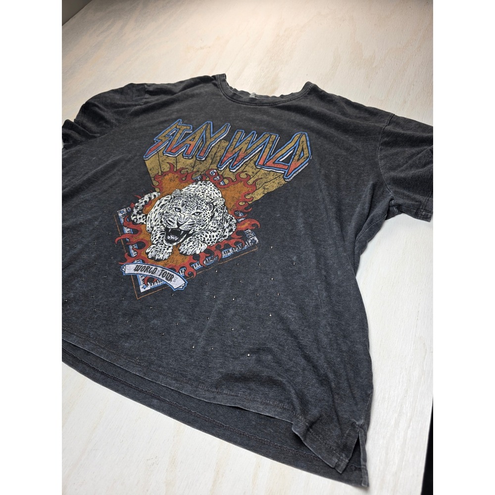 Maurices Stay Wild World Tour Graphic Tee 2X Gray Leopard Studded Biker Grunge